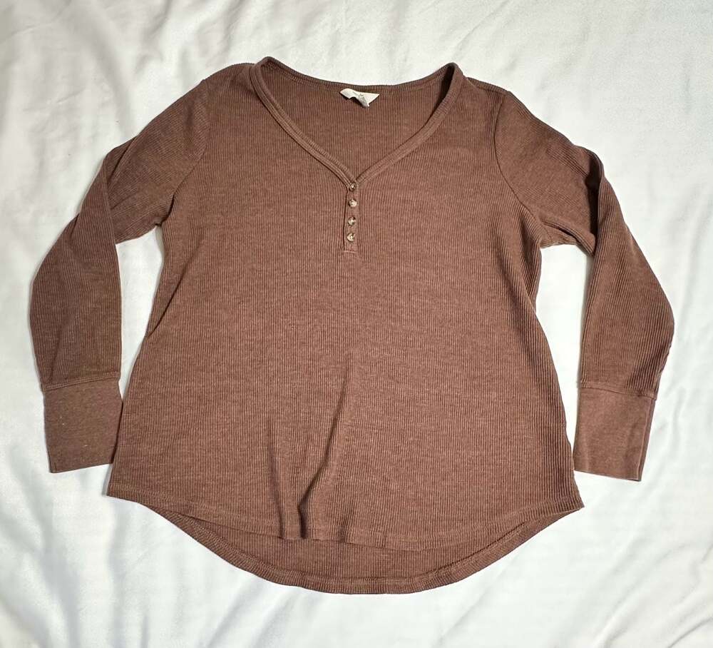 Terra & Sky Brown Waffle Knit Long Sleeve Henley Top